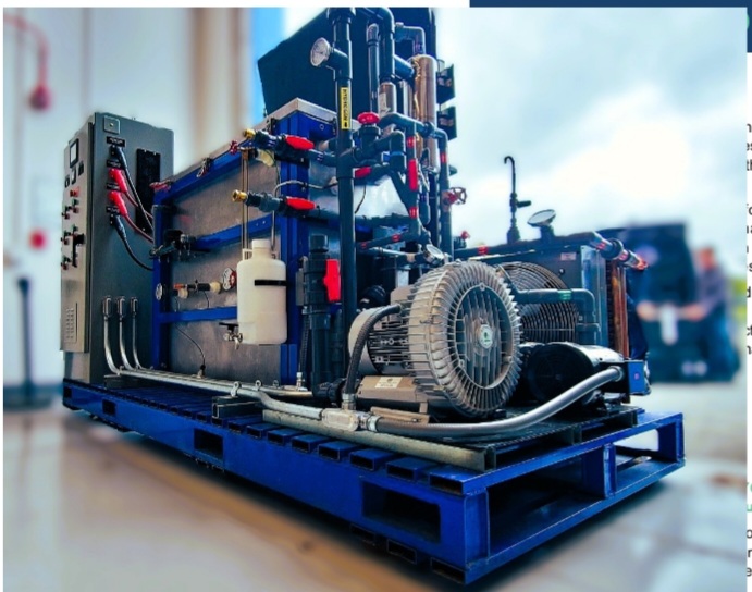 NAER Inc Nova H2 skid-mounted on-demand hydrogen generation system on a blue steel pallet frame